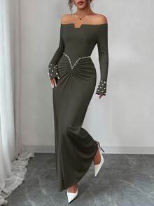 Elenzga Black & White Contrast Design Shoulder Cut-Out Off Shoulder Long Sleeve Dress, Suitable For Birthday Party, Date, Versatile - Army Green - View 7