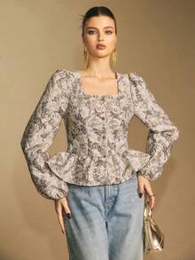 Poéselle Áo peplum hoa cổ điển dành cho nữ – Áo cổ vuông tay bồng cài nút, Áo peplum hoa giản dị, sang trọng, thích hợp cho tiệc Giáng sinh, mùa thu/đông, năm mới - màu đen - Xem 8