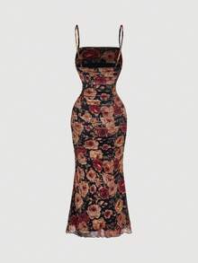 SHEIN MOD 复古 70 年代油画花卉印花褶饰连衣裙 - 修身美人鱼下摆，适合约会、派对、舞会和节日，具有迷人的宫廷风格 - 彩色 - 查看 2