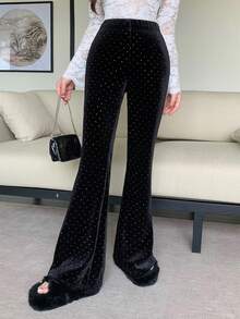 DAZY Women's Flared Pants With Velvet, Sequins, Polka Dots And Rhinestones, Slim Fit, Casual, Suitable For Autumn, Winter, New Year, Christmas - Black - View 9