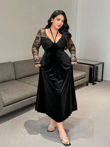 Vibekara 大码女式 V 领系带蕾丝拼接长袖优雅复古性感 A 字天鹅绒长裙，秋冬 - 黑色 - 查看 7