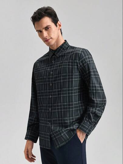 Officeau 男士奢华格纹经典苏格兰格子衬衫，长袖单排扣领，休闲百搭，父亲节最佳礼物，秋季必备，经典男士正装衬衫，春夏皆宜。