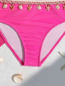 SHEIN 青少年女孩夏季海滩度假贝壳和海星编织肩带比基尼套装 - 玫紅色 - 查看 4