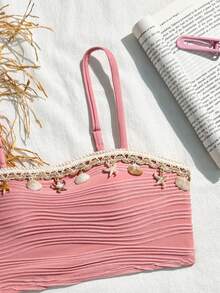 SHEIN Tween Girls' Summer Beach Vacation Shell & Starfish Woven Strap Bikini Set - Dusty Pink - View 5