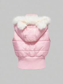ROMWE Kawaii Áo khoác vest cotton lót lông tai mèo đính đá Y2K cho nữ, mùa đông - Hồng - Xem 2