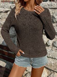 SHEIN LUNE Women's Solid Color Round Neck Hollow Out Casual Sweater, Autumn/Winter - Coffee Brown - View 4