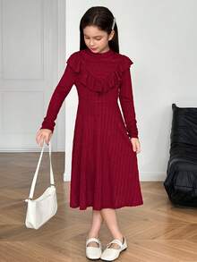 Gaun Midi Anak Perempuan Remaja Elegan dengan Kerah Tegak, Tekstur Rajutan Aran Stitch, Hem Bergelombang, Model Fit & Flare, Warna Merah Anggur, Cocok untuk Natal, Halloween, Tahun Baru - Burgundy - View 4