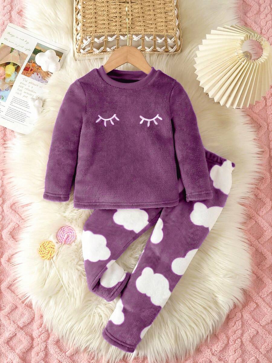 2pcs Young Girls Cloud & Eyelash Pattern Fleece Long Pants And Long Sleeve Comfortable Pajama Set - Purple - View 1