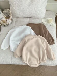 3件套女婴连体衣，秋冬季保暖针织圆领长袖爱心印花连体衣，猎豹纹婴儿服，摩卡色婴儿服，女婴卫衣，中性婴儿服，男女通用 - 彩色 - 查看 2