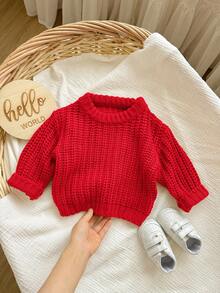 SHEIN Babygirl 可爱纯色休闲套头毛衣，百搭秋冬 - 紅色 - 查看 3