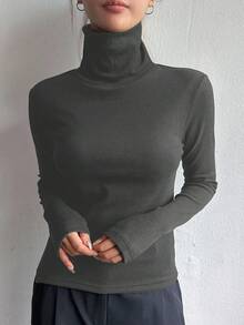 FRIFUL 女士休闲纯色高领抓绒T恤，秋冬长袖女款 - 深灰色 - 查看 5