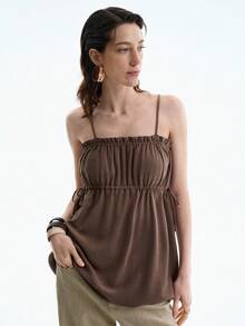 SHEIN LUNE Áo ba lỗ không tay thoải mái thanh lịch có thiết kế dây rút - màu nâu - Xem 3