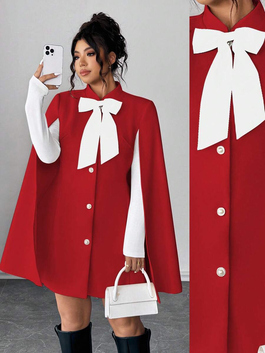 Elenzga Fashionable Casual French Retro Elegant Pearl Button Bow Cloak Overcoat - Red and White - View 1