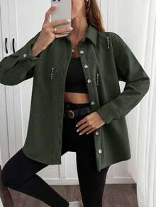 EURMUSE Solid Color , Rhinestone Details, Over Shirt Jacket - Army Green - View 4