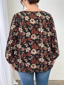 EMERY ROSE 大码女式休闲度假风格全印花开领灯笼袖宽松衬衫，春秋季 - 黑色 - 查看 2