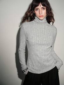 Lumivelle Women's Solid Color Turtleneck Ribbed Fleece Pullover Top, Suitable For Autumn Grey Top  Sparkly Top, Christmas - Grey - View 1