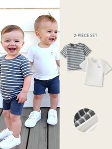 Joliand Joliand 2 件装男婴优雅都市纯棉海军蓝条纹和灰色条纹宽松短袖 T 恤，买 1 送 1，适合日常休闲穿着、旅行、居家、海滩、夏季 - 彩色 - 查看 8
