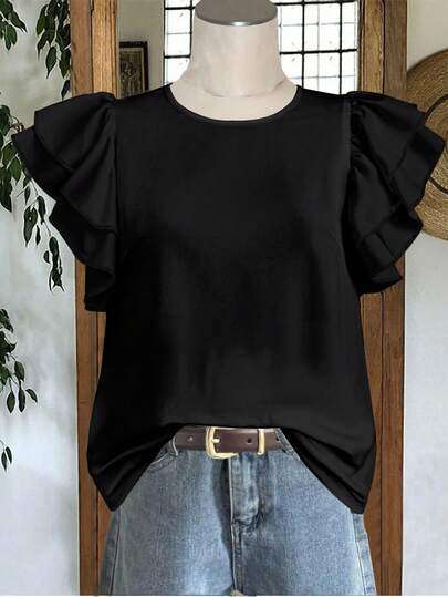 Mellowie 大码女式日常休闲优雅纯黑色圆领双层小飞袖宽松衬衫，女式夏季服装，女式度假服装，女式夏季服装，女式外出上衣