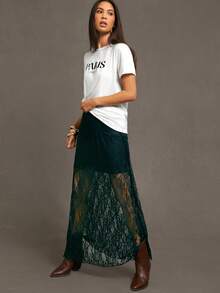 Siren Gaze 女士性感野花蕾丝拼接轻盈透气长款夏季半身裙 - 墨綠色 - 查看 4