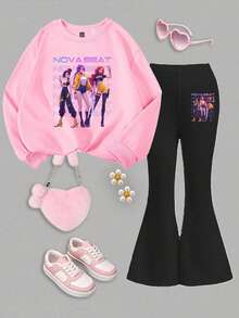 SHEIN Explorewe 1 Set Young Girls Casual Cartoon K-POP Girl Graphic Crew Neck Long Sleeve Sweatshirt And Flare Pants Outfit, Suitable For Outings, School, Shopping, Cozy Fall & Winter Styles - Multicolor - View 3
