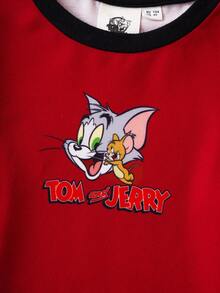TOM & JERRY X SHEIN 小男孩卡通图案撞色装饰圆领宽松长袖T恤，酒红色，秋冬 - 酒紅色 - 查看 4
