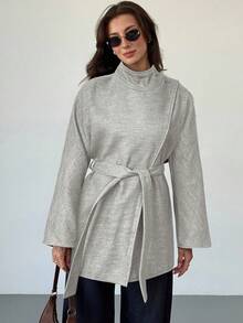 Aloruh Women's Solid Color Minimalist Casual Tie-Up Overcoat - Grey - View 1