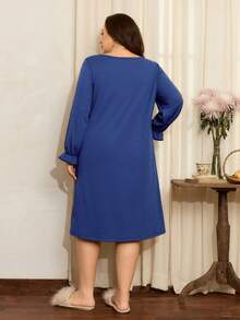 Plus Size Navy Blue Lace Trim Elegant & Comfortable Nightgown, Winter