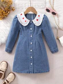 SHEIN 少女红心刺绣蓝色牛仔连衣裙 - 淺色水洗藍 - 查看 4