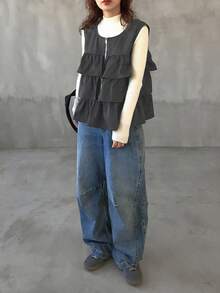 FRIFUL Women's Solid Color Zipper Collar Layered Ruffle Hem Vest Regular Jacket, Autumn Women Coats - Dark Grey - View 2