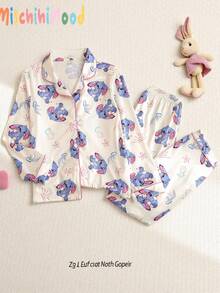 女孩柔软舒适休闲睡衣套装，可爱卡通长耳兔全身印花，时尚翻领开衫长袖和裤子两件套家居服 - 杏色 - 查看 10