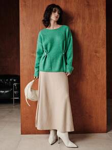 Franclia Women's Autumn/Winter Christmas Green Solid Color Gold And Green,Autumn,Casual,Holiday Loose Long Sleeve Side Button Round Neck Wool Knitted Sweater - Green - View 6