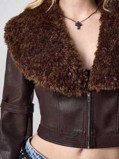 Goth Y2K Sexy Biker Jacket For Women, Faux Fur & Suede Patchwork Short Cropped Motorcycle Jacket