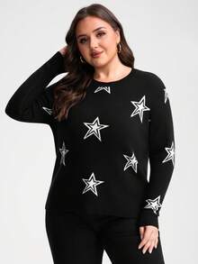 INAWLY Blusa de malha plus size feminina com logotipo Five Star, preta e branca - Preto e Branco - Ver 3