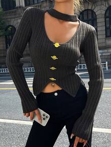 DAZY Autumn/Winter Fitted Turtleneck Knit Sweater With Metal Button Decor, Hollow Out, Halter Neck, High Slit, Fashionable & Elegant For Party, New Year, Christmas, Women