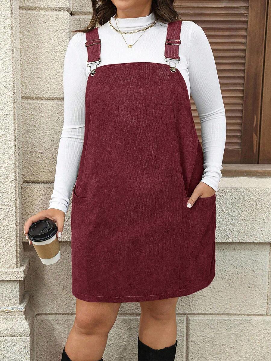 SHEIN LUNE Váy nhung kẻ đen cỡ lớn dành cho nữ có túi và dây đeo vai có thể điều chỉnh Váy dành cho nữ Trang phục Barnfit Lễ Tạ ơn cho phụ nữ Trang phục năm mới cho phụ nữ Váy mùa đông Quần áo mùa đông Trang phục Rave cho phụ nữ Váy áo len - Màu Đỏ Sâu - Xem 1