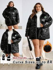 SHEIN CURVE+ Plus Size Thick Long Sleeve Open Front Black Jacket/Winter - Black - View 9