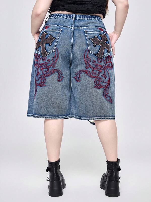 ROMWE Grunge Punk 大码复古十字刺绣七分牛仔裤