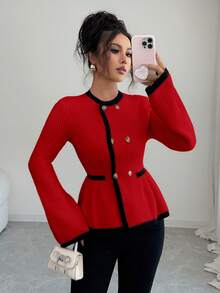 Elenzga Women's Elegant Round Neck Front Button Design Contrast Color Sweater