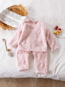 2件套少女可爱简约舒适针织圆领蓬松粉色长袖上衣和裤子睡衣套装带蝴蝶结图案 - 藕粉色 - 查看 9
