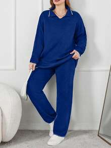 EURMUSE Detailed Black And Whıte Plus Size Swetaer Co-Ords - Royal Blue - View 4