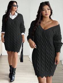 Vionelle Gaun Sweater Lengan Panjang Motif Rajut Kabel Bergelombang dengan Leher V dan Tali Serut Ukuran Plus, Warna Polos, Kasual & Modis untuk Musim Gugur/Dingin - Hitam - View 1