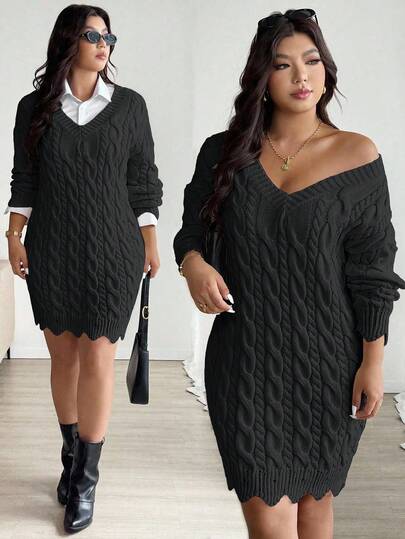 Vionelle Plus Size V-Neck Wavy Hem Drawstring Cable Knit Pattern Long Sleeve Sweater Dress, Solid Color, Casual & Fashionable For Autumn/Winter