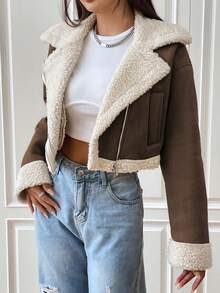 Easelle 春季泰迪绒内衬拉链卡其色机车夹克，秋冬款，Y2K棕色夹克，时尚女装，90年代风格 - 棕色 - 查看 9