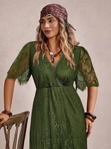 Freevana 夏季乡村音乐节服装纯色度假风格蕾丝连衣裙高开衩音乐节 - 軍綠色 - 查看 5