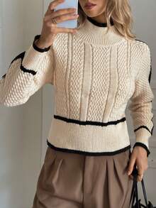 Elyressa Women's Contrast Color Twist Rope Turtleneck Sweater, Casual For Autumn/Winter - Apricot - View 1