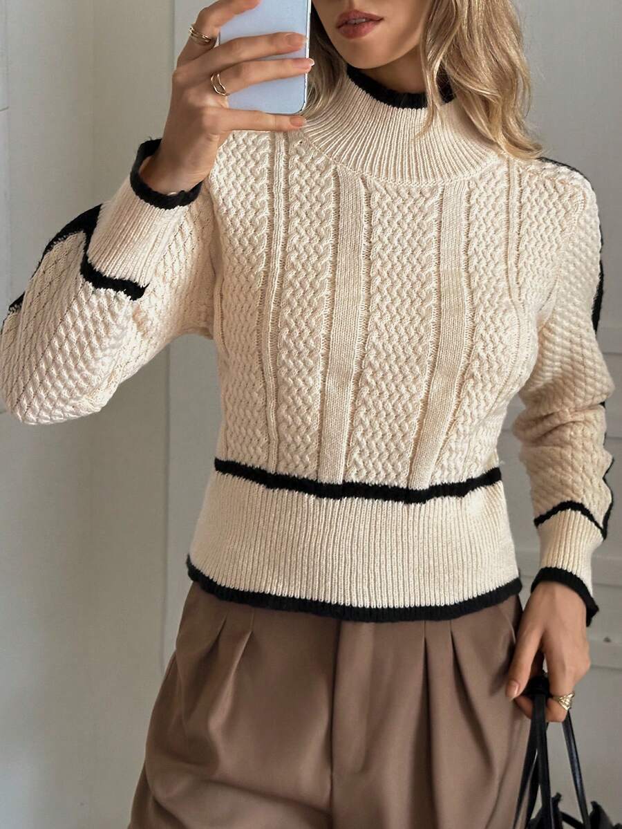 Elyressa Women's Contrast Color Twist Rope Turtleneck Sweater, Casual For Autumn/Winter - Apricot - View 1