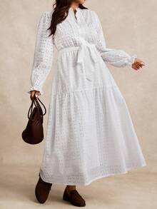 EMERY ROSE Plus Size Women's Autumn/Winter Country Casual Embroidered Hollow-Out Woven Elegant Maxi Dress - White - View 4