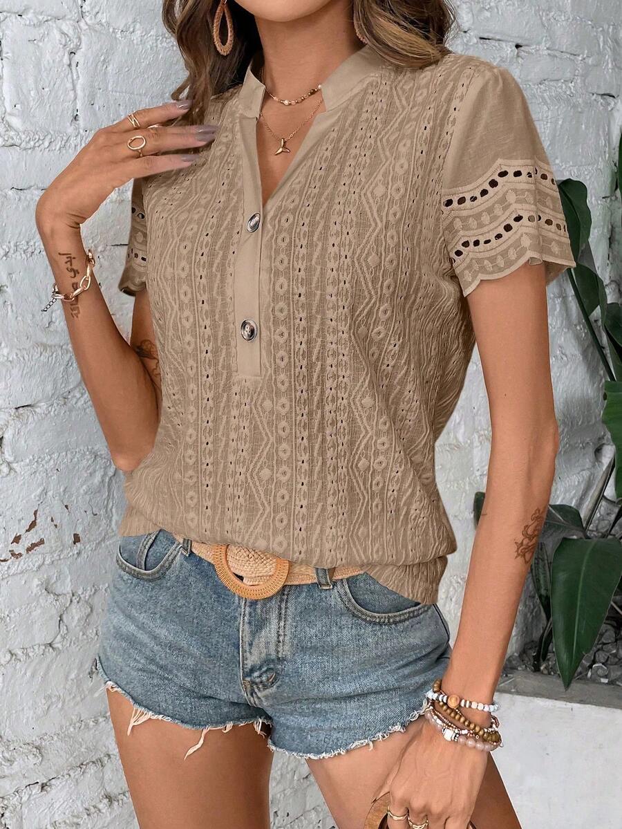 EMERY ROSE Damen Sommer Kurzarm Freizeit T-shirt Mit Gekerbtem V-ausschnitt Und Knopf Dekoration