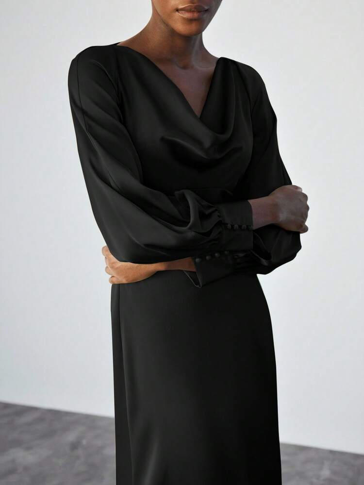 SHEIN Maija Vestido con cuello de volantes y mangas abullonadas de acetato sintético para mujeres 2025