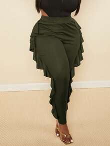 Slaydiva Slayr Plus Elegant & Party Solid Color Slim Fit Side Ruffle Splice Ribbed Fabric Women Plus Size Long Pants - Army Green - View 3